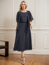 A-line Scoop Tea-Length Lace Chiffon Mother of the Bride Dress With Sequins